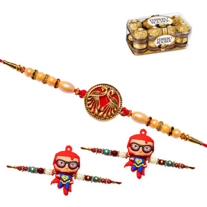 3 Rakhi - 1 Fancy Rakhi and 2 Superman Kids Rakhi With Chocolate Box