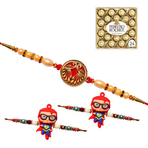 3 Rakhi - 1 Fancy Rakhi and 2 Superman Kids Rakhi With Chocolate Box