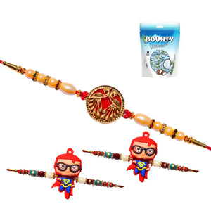 3 Rakhi - 1 Fancy Rakhi and 2 Superman Kids Rakhi With Chocolate Box