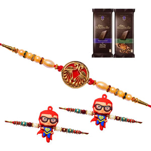 3 Rakhi - 1 Fancy Rakhi and 2 Superman Kids Rakhi With Chocolate Box