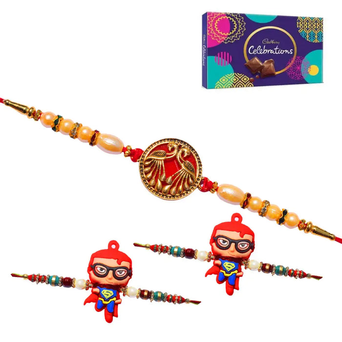 3 Rakhi - 1 Fancy Rakhi and 2 Superman Kids Rakhi With Chocolate Box