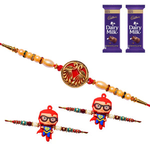 3 Rakhi - 1 Fancy Rakhi and 2 Superman Kids Rakhi With Chocolate Box