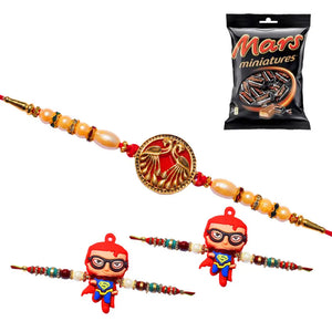 3 Rakhi - 1 Fancy Rakhi and 2 Superman Kids Rakhi With Chocolate Box