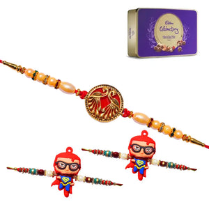 3 Rakhi - 1 Fancy Rakhi and 2 Superman Kids Rakhi With Chocolate Box