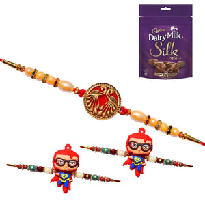 3 Rakhi - 1 Fancy Rakhi and 2 Superman Kids Rakhi With Chocolate Box
