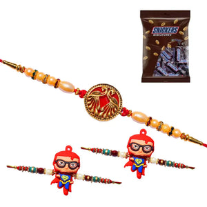 3 Rakhi - 1 Fancy Rakhi and 2 Superman Kids Rakhi With Chocolate Box