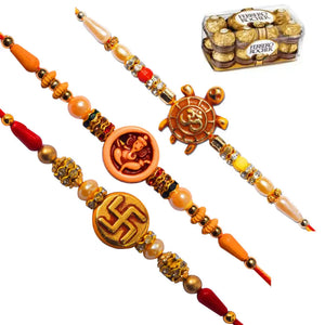 3 Rakhi - Om, Ganeshji, and Swastik Rakhis With Chocolate Box