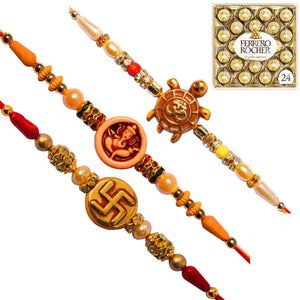 3 Rakhi - Om, Ganeshji, and Swastik Rakhis With Chocolate Box