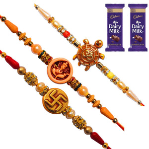 3 Rakhi - Om, Ganeshji, and Swastik Rakhis With Chocolate Box