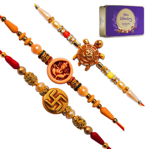 3 Rakhi - Om, Ganeshji, and Swastik Rakhis With Chocolate Box