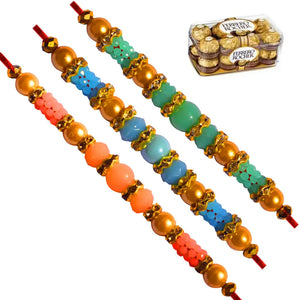 3 Rakhi - AD Pearls and Colored Beads Rakhi With Chocolates