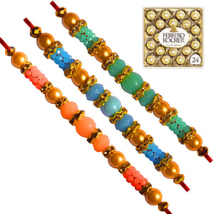 3 Rakhi - AD Pearls and Colored Beads Rakhi With Chocolates