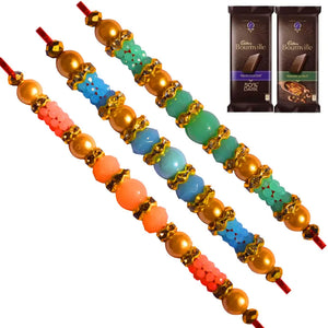 3 Rakhi - AD Pearls and Colored Beads Rakhi With Chocolates