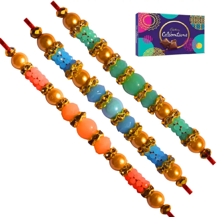 3 Rakhi - AD Pearls and Colored Beads Rakhi With Chocolates