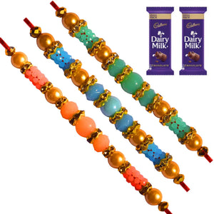 3 Rakhi - AD Pearls and Colored Beads Rakhi With Chocolates
