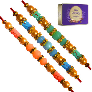 3 Rakhi - AD Pearls and Colored Beads Rakhi With Chocolates
