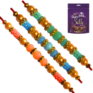 3 Rakhi - AD Pearls and Colored Beads Rakhi With Chocolates