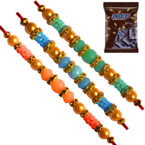 3 Rakhi - AD Pearls and Colored Beads Rakhi With Chocolates