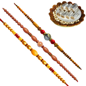 3 Rakhi - Crystals AD and Pearls Rakhis With Indian Sweets