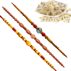 3 Rakhi - Crystals AD and Pearls Rakhis With Indian Sweets