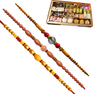 3 Rakhi - Crystals AD and Pearls Rakhis With Indian Sweets