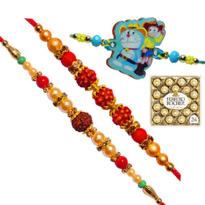 3 Rakhi - Family Rakhi Set Rudraksh Rakhi and Doraemon Kids Rakhi With Chocolate Box