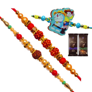 3 Rakhi - Family Rakhi Set Rudraksh Rakhi and Doraemon Kids Rakhi With Chocolate Box