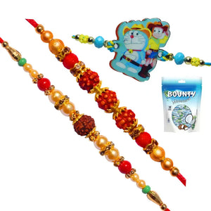 3 Rakhi - Family Rakhi Set Rudraksh Rakhi and Doraemon Kids Rakhi With Chocolate Box