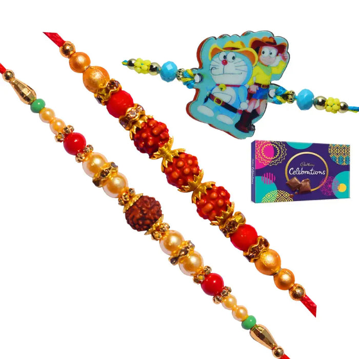 3 Rakhi - Family Rakhi Set Rudraksh Rakhi and Doraemon Kids Rakhi With Chocolate Box