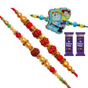3 Rakhi - Family Rakhi Set Rudraksh Rakhi and Doraemon Kids Rakhi With Chocolate Box