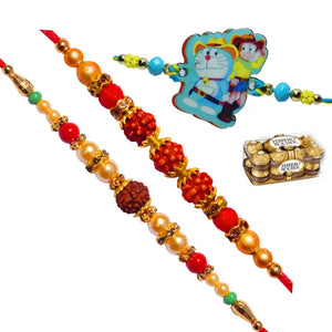 3 Rakhi - Family Rakhi Set Rudraksh Rakhi and Doraemon Kids Rakhi With Chocolate Box
