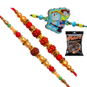 3 Rakhi - Family Rakhi Set Rudraksh Rakhi and Doraemon Kids Rakhi With Chocolate Box