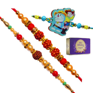 3 Rakhi - Family Rakhi Set Rudraksh Rakhi and Doraemon Kids Rakhi With Chocolate Box