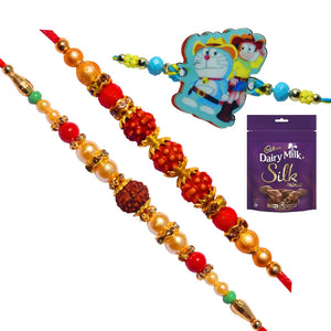 3 Rakhi - Family Rakhi Set Rudraksh Rakhi and Doraemon Kids Rakhi With Chocolate Box