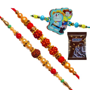 3 Rakhi - Family Rakhi Set Rudraksh Rakhi and Doraemon Kids Rakhi With Chocolate Box