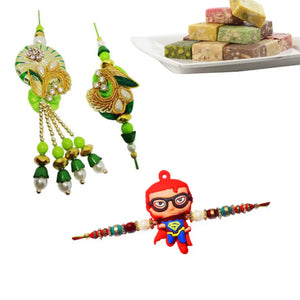 3 Rakhi - Fancy Couple Rakhi, and 1 Kids Rakhi With Indian Sweets