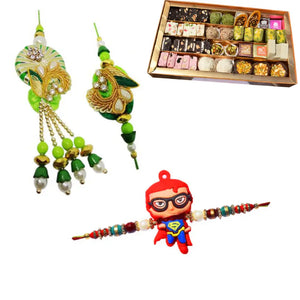 3 Rakhi - Fancy Couple Rakhi, and 1 Kids Rakhi With Indian Sweets