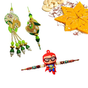 3 Rakhi - Fancy Couple Rakhi, and 1 Kids Rakhi With Indian Sweets