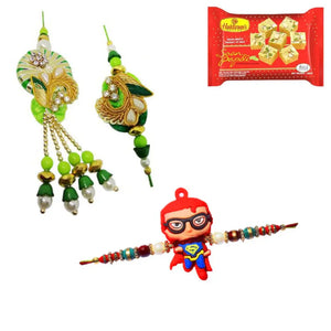3 Rakhi - Fancy Couple Rakhi, and 1 Kids Rakhi With Indian Sweets