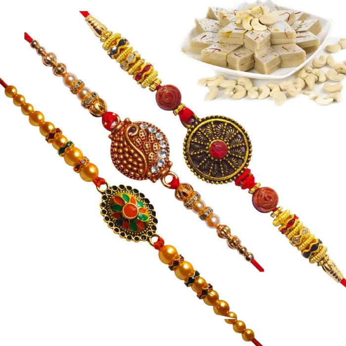 3 Rakhi - Colorful Fancy Rakhi With Indian Sweets