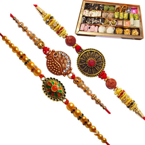 3 Rakhi - Colorful Fancy Rakhi With Indian Sweets