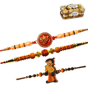 3 Rakhi - Ganeshji, Rudraksh and Chhota Bheem Rakhis With Chocolates