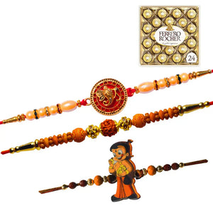 3 Rakhi - Ganeshji, Rudraksh and Chhota Bheem Rakhis With Chocolates