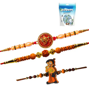 3 Rakhi - Ganeshji, Rudraksh and Chhota Bheem Rakhis With Chocolates