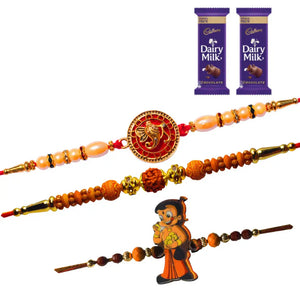 3 Rakhi - Ganeshji, Rudraksh and Chhota Bheem Rakhis With Chocolates