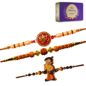 3 Rakhi - Ganeshji, Rudraksh and Chhota Bheem Rakhis With Chocolates