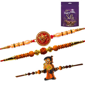 3 Rakhi - Ganeshji, Rudraksh and Chhota Bheem Rakhis With Chocolates