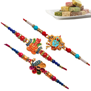 3 Rakhi - Krishna, Ganeshji, and Handicraft Rakhi With Indian Sweets