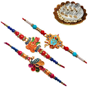3 Rakhi - Krishna, Ganeshji, and Handicraft Rakhi With Indian Sweets