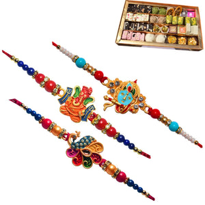 3 Rakhi - Krishna, Ganeshji, and Handicraft Rakhi With Indian Sweets